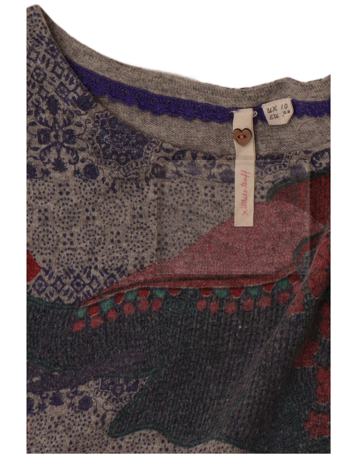 WHITE STUFF Dame grafisk bådhals sweater UK 10 Small Grey