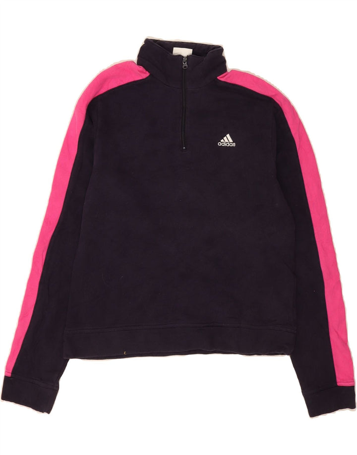 ADIDAS Womens Crop Sweatshirt Jumper UK 14 Medium Navy Blue Colourblock Vintage Adidas and Second-Hand Adidas from Messina Hembry 