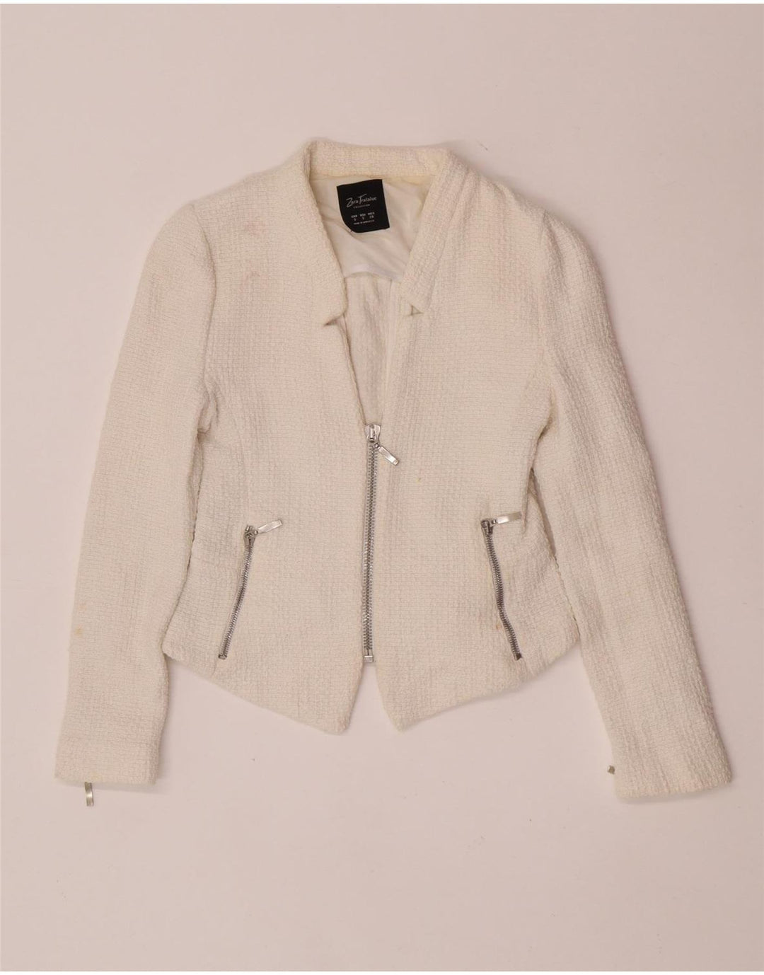 Zara Dame Crop Blazer Jacket UK 8 Small White Bomuld