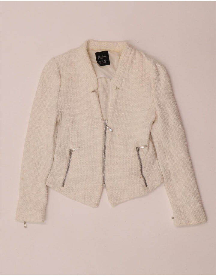 Zara Dame Crop Blazer Jacket UK 8 Small White Bomuld