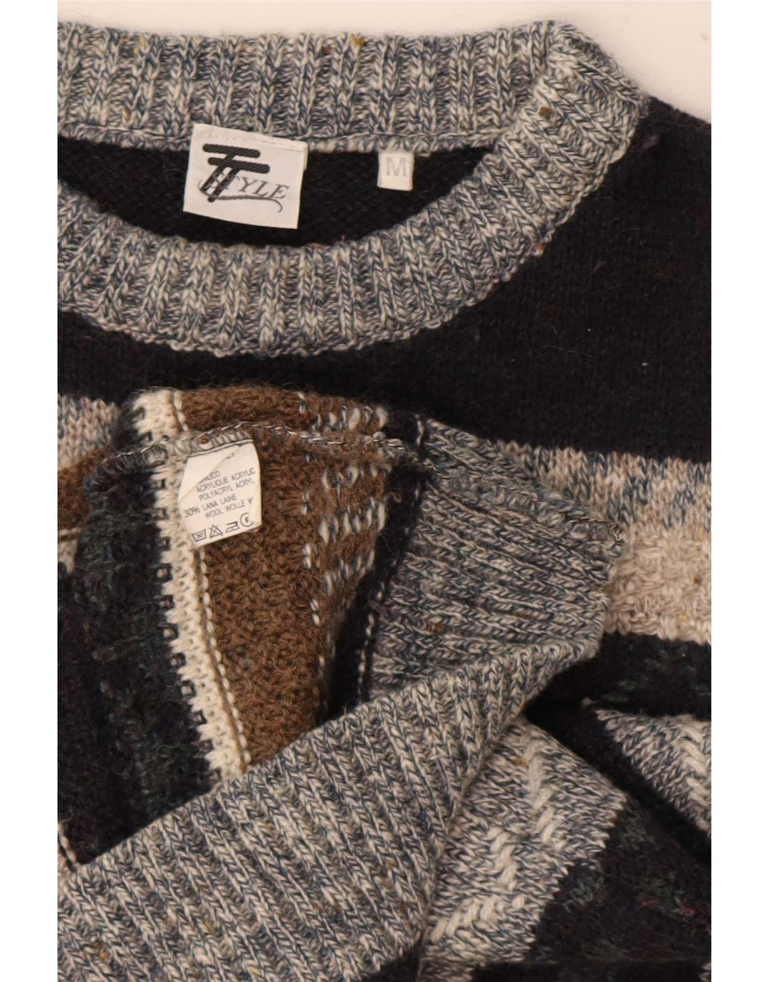 Vintage Herre Boat Neck Jumper Sweater Medium Flerfarvet Geometrisk