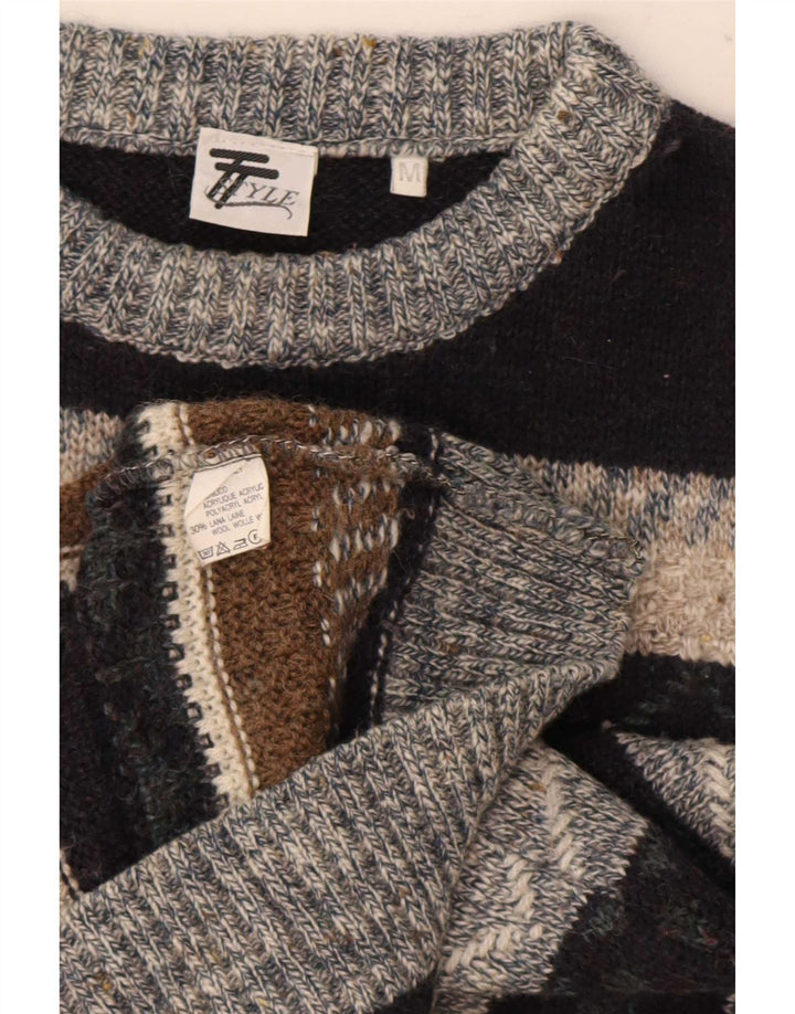 Vintage Herre Boat Neck Jumper Sweater Medium Flerfarvet Geometrisk