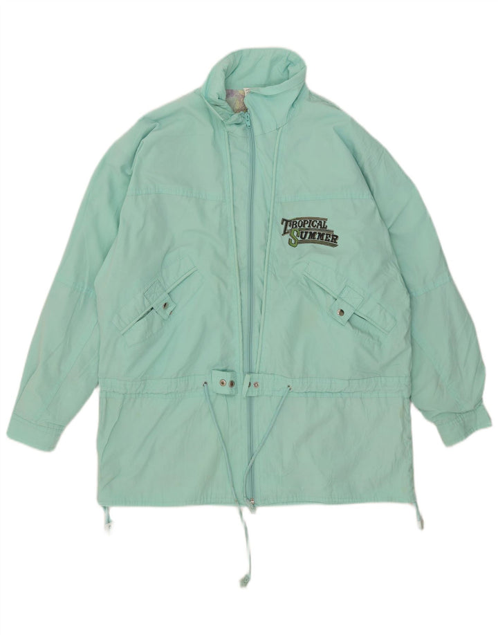 Vintage Kvinders Grafisk Windbreaker Jacket UK 16 Stor turkis polyester