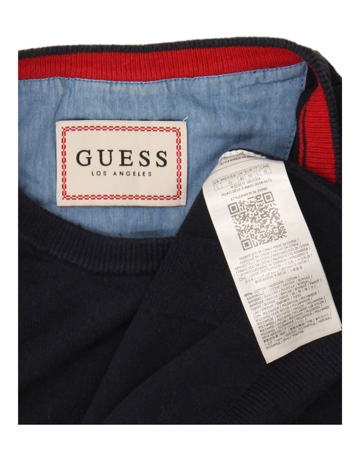 GUESS Mens Crew Neck Jumper Sweater UK 40 Medium Navy Blue Cotton Vintage Guess and Second-Hand Guess from Messina Hembry 