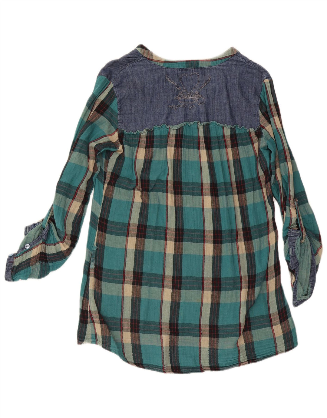 Desigual Dame Langærmet Bluse Top UK 16 Stor turkis ternet