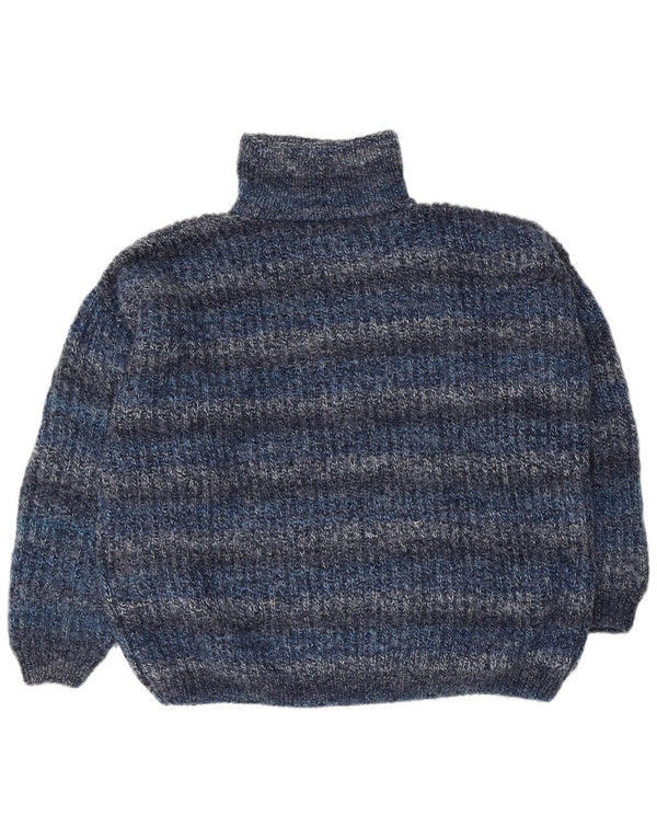 Vintage Herre Loose Fit Roll Neck Jumper Sweater Medium Blå Stribet