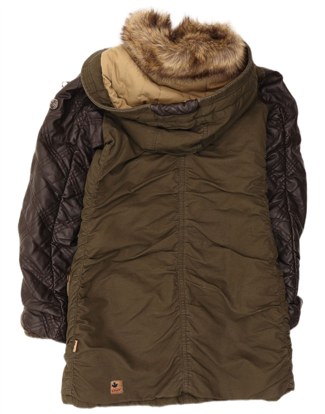 KHUJO Parkajakke med hætte til kvinder UK 14 Stor Khaki Colourblock Polyester