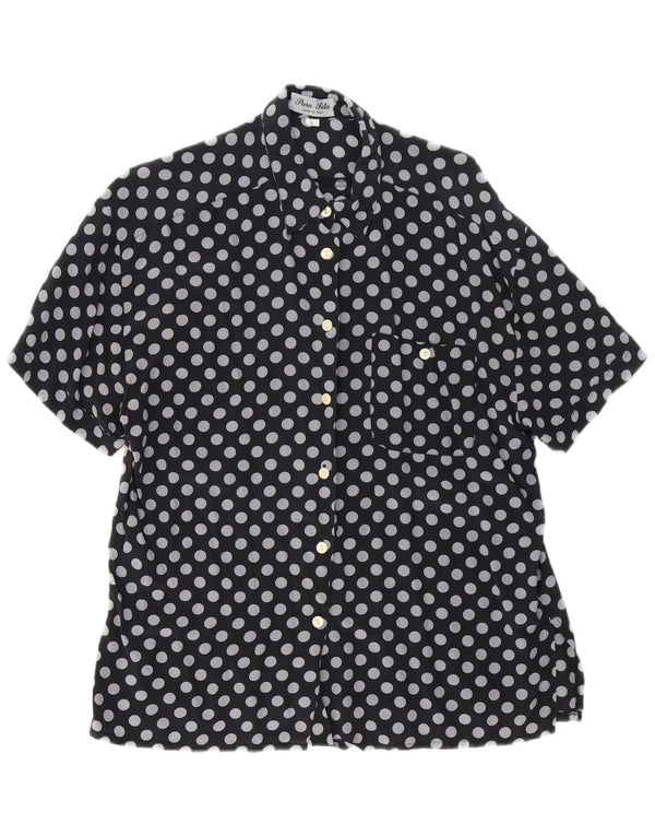 Vintage kvinders kortærmet skjortebluse UK 16 Stor sort polkaprikket silke