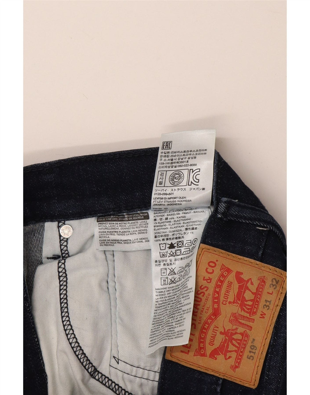 LEVI'S Herre 519 Skinny Jeans W31 L32 Marineblå Bomuld