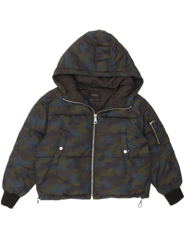 Zara Dame Hætte Oversized Polstret Jakke UK 6 XS Flerfarvet Camouflage