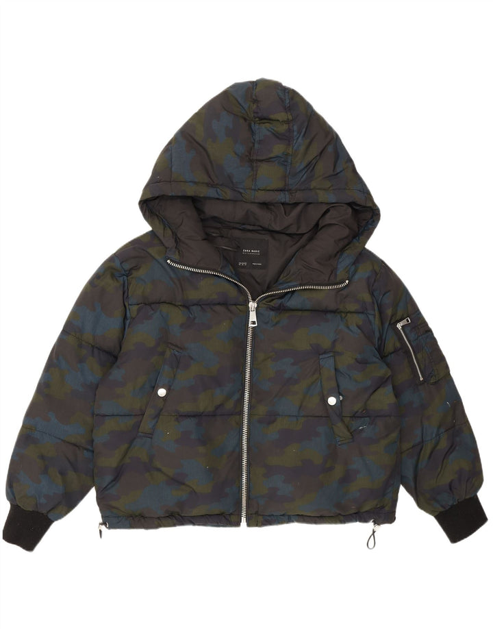 Zara Dame Hætte Oversized Polstret Jakke UK 6 XS Flerfarvet Camouflage