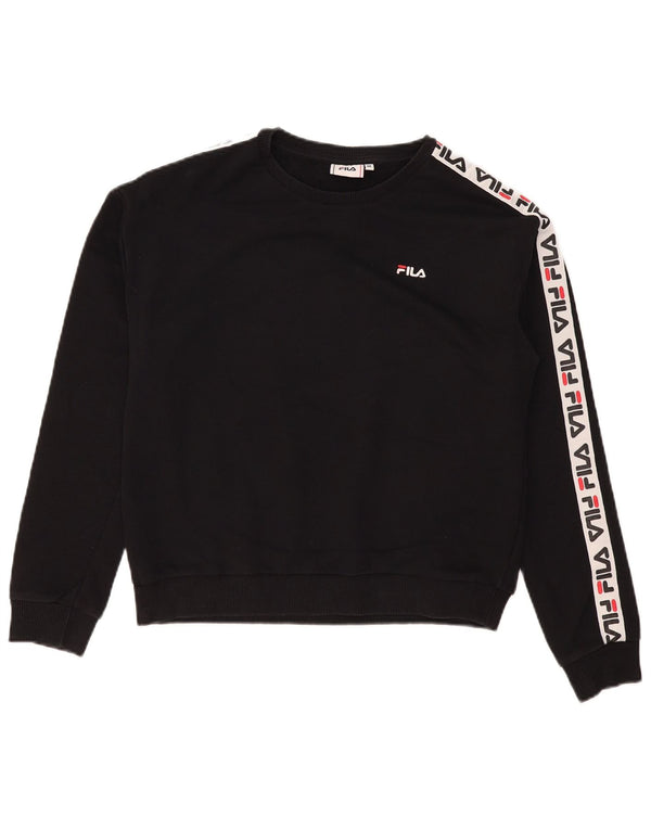 Fila Dame Grafisk Sweatshirt Jumper UK 14 Medium Sort Colourblock Bomuld