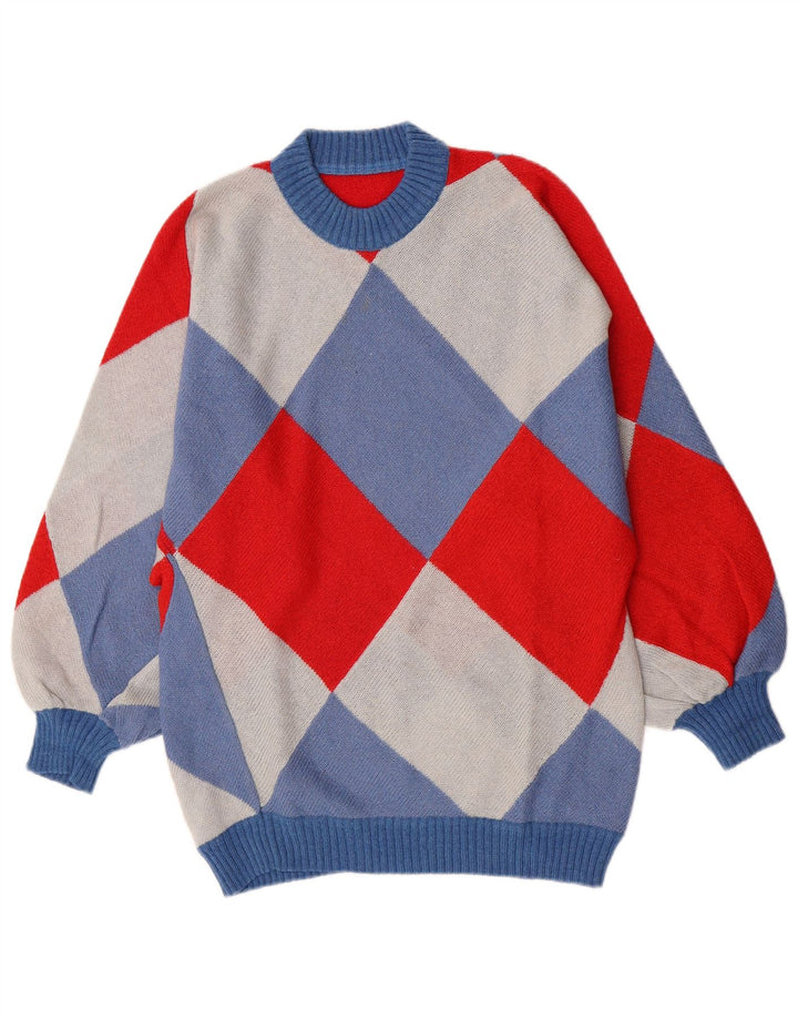 Vintage Herre Crew Neck Jumper Sweater Lille flerfarvet Argyle/Diamond