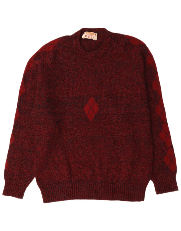 S.Moritz Herre Crew Neck Jumper Sweater Small Bourgogne Argyle/Diamond Wool