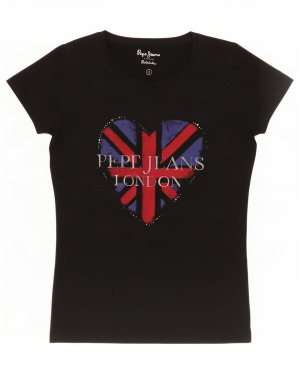PEPE Jeans Dame Grafisk T-Shirt Top UK 10 Small Black Bomuld