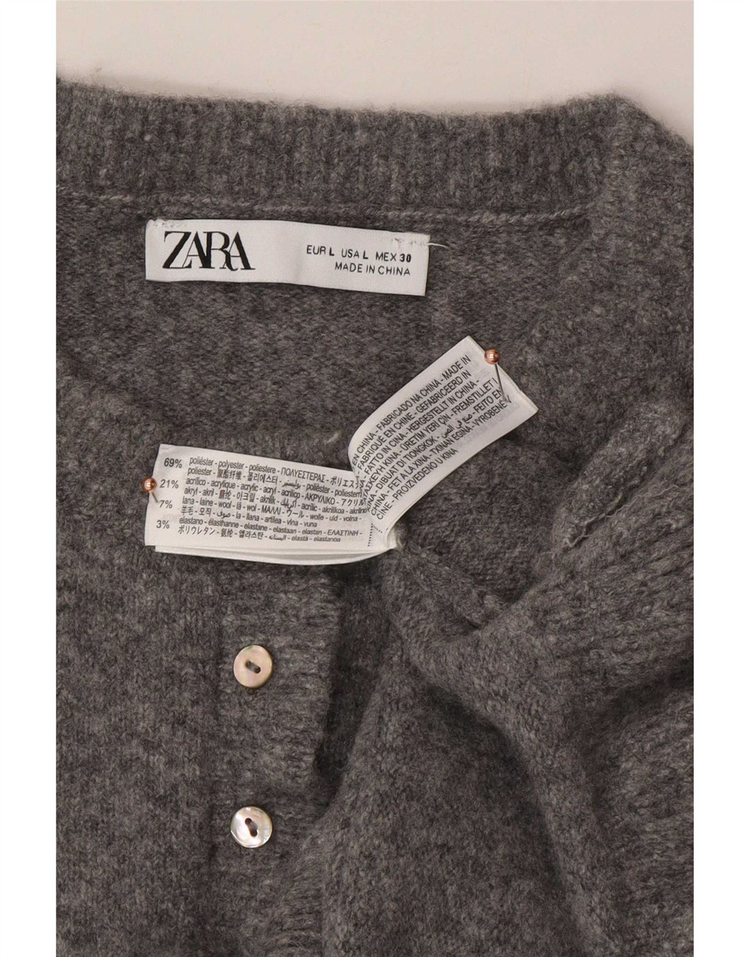 Zara Dame Cardigan Sweater UK 16 Large Grå Polyester