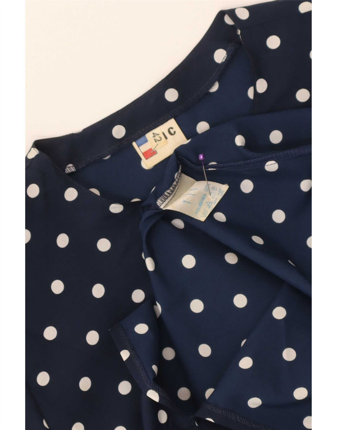 Vintage Dame Peplum Kjole IT 42 Medium Navy Blue Polka Dot Polyester