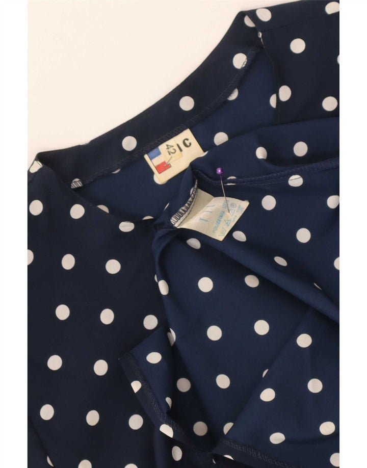 Vintage Dame Peplum Kjole IT 42 Medium Navy Blue Polka Dot Polyester
