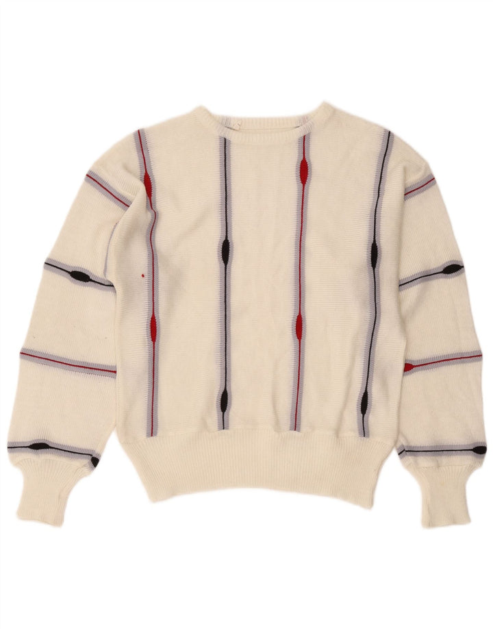 Vintage Dame Boat Neck Jumper Sweater UK 14 Medium Hvid Stribet