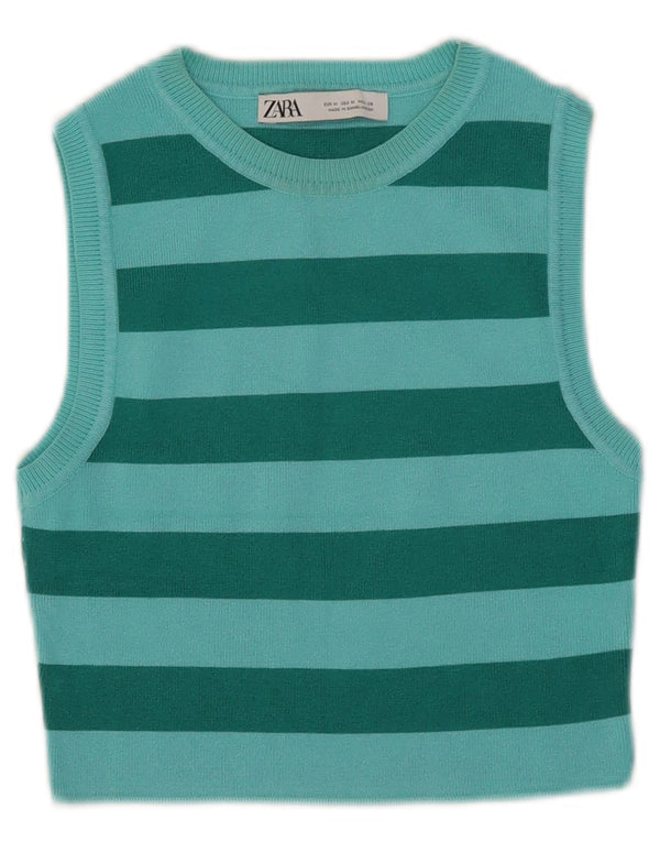 Zara Womens Crop Vest Top UK 12 Mellemgrøn stribet viskose