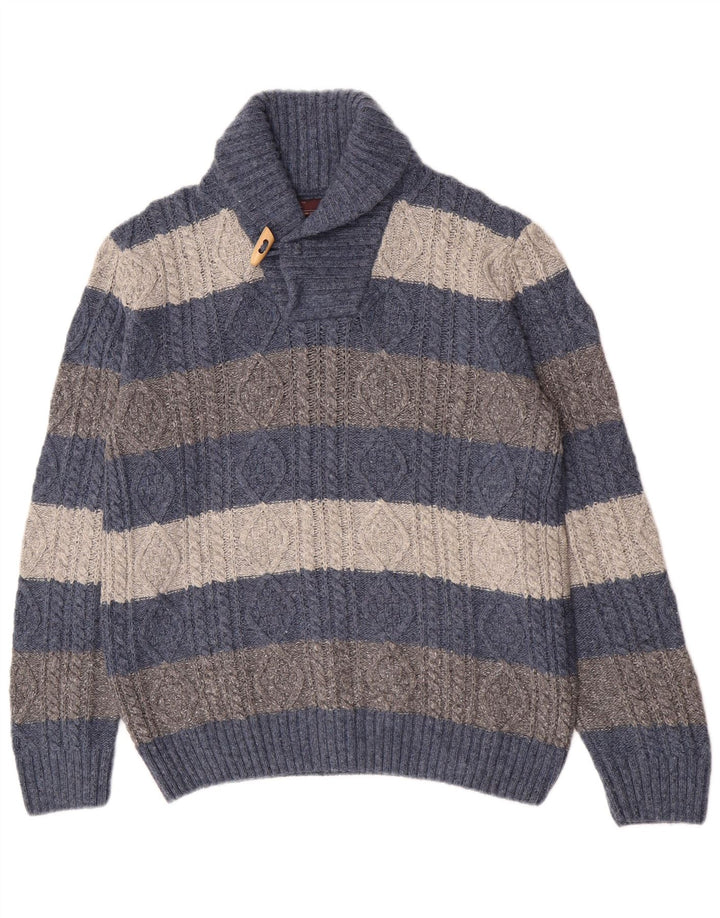 Marlboro Classics Herre Shawl Neck Jumper Sweater Stor Blå Stribet Uld