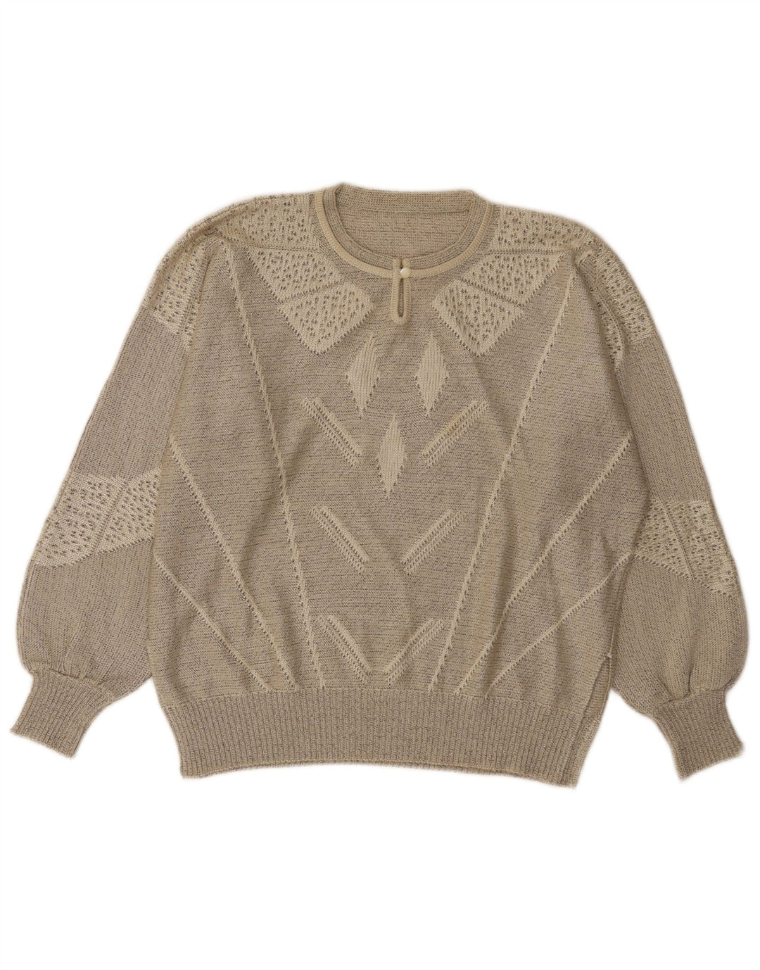Vintage Womens Button Neck Jumper Sweater UK 14 Large Grå Geometrisk