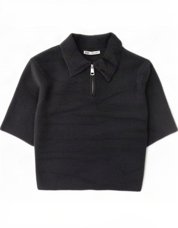 Zara Womens Crop Kortærmet Polo Neck Jumper Sweater UK 14 Large Grey