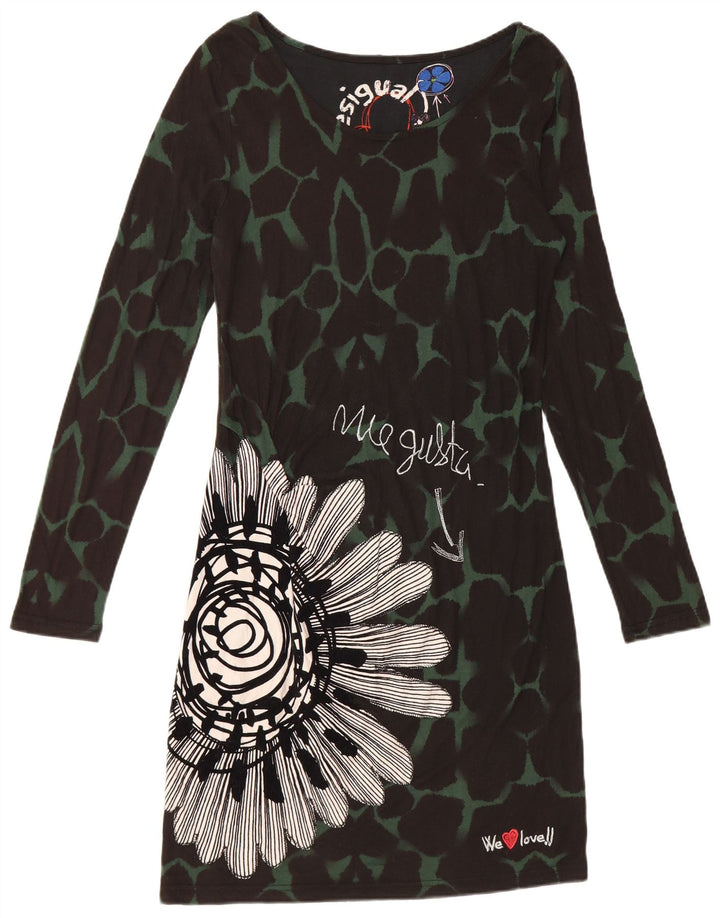 DESIGUAL Kvinders Grafisk Langærmet Skede Kjole UK 12 Medium Black Floral