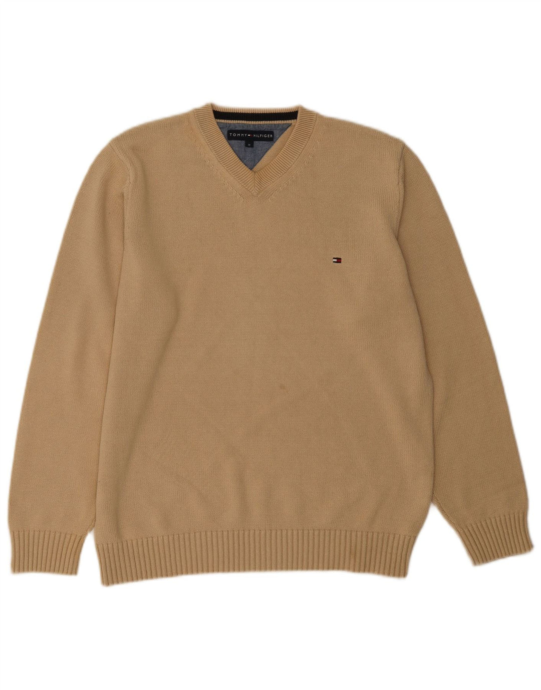 TOMMY HILFIGER Mens V-Neck Jumper Sweater Medium Beige Cotton