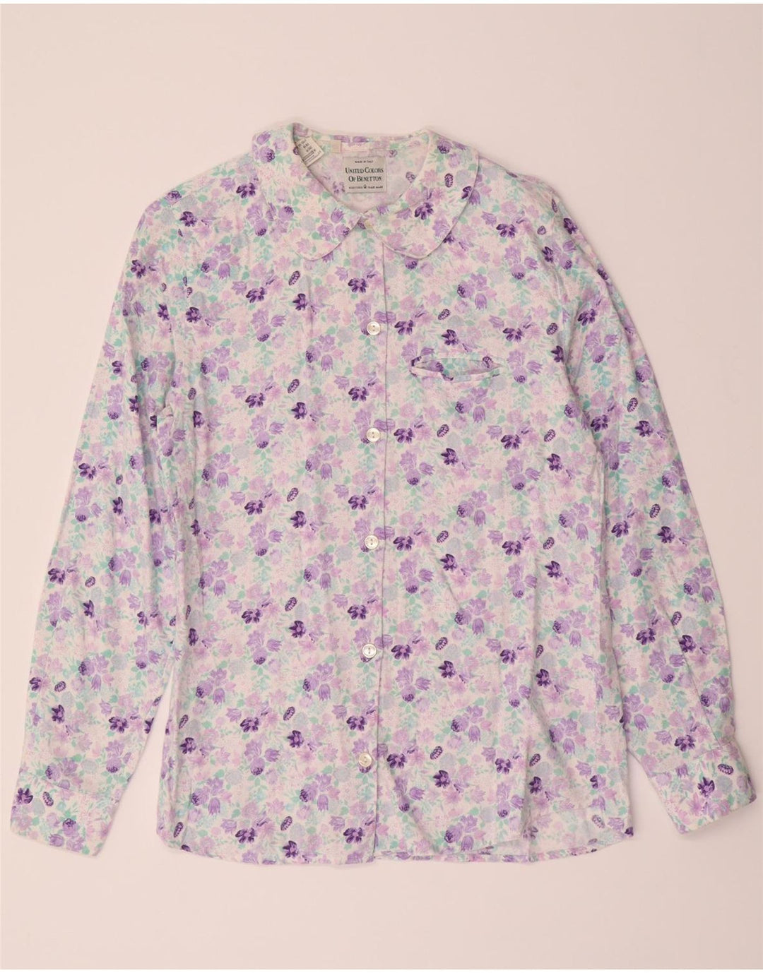 BENETTON Womens Shirt IT 42 Medium Purple Floral Viscose Vintage Benetton and Second-Hand Benetton from Messina Hembry 