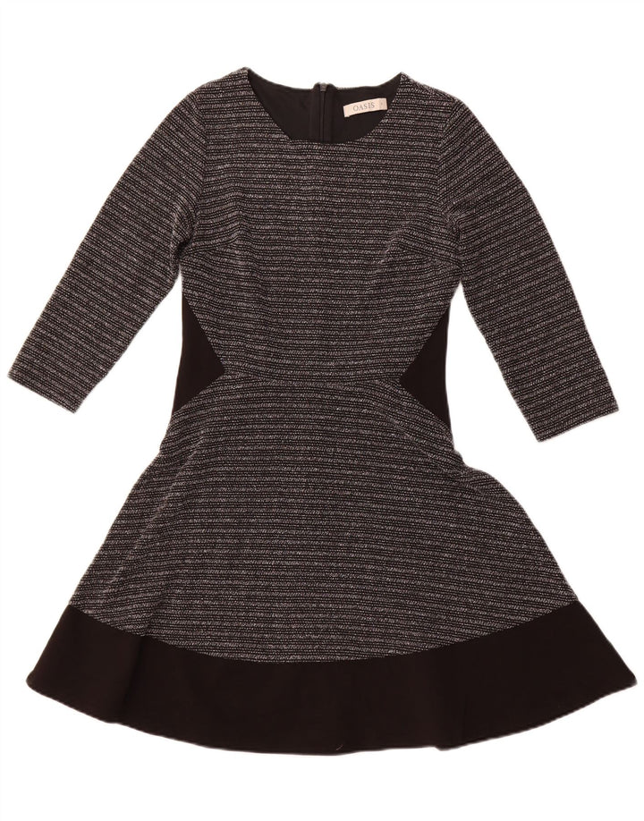OASIS Dame 3/4 ærmet A-Line Kjole UK 8 Lille sort stribet polyester