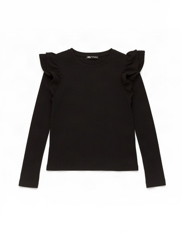 Zara Womens Crop Ruffle Front Top Langærmet UK 10 Small Black Bomuld