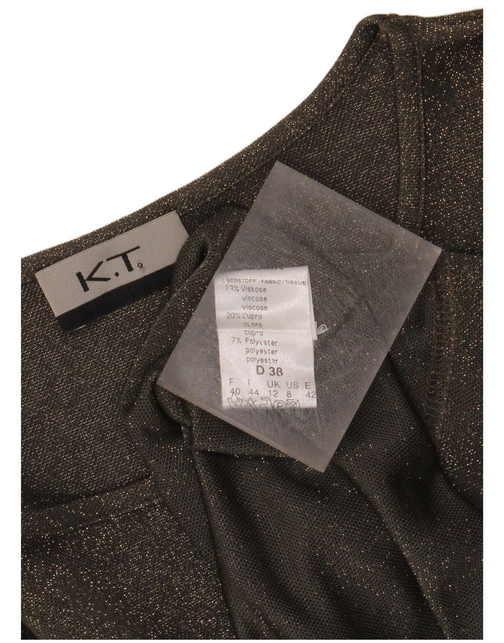 VINTAGE Dame Top Langærmet UK 12 Medium Grøn Flecked Viscose