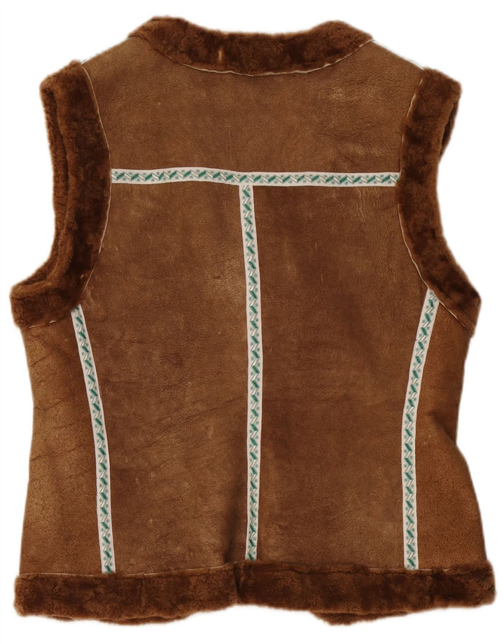 Vintage Dame Shearling Gilet UK 12 Medium Brown Geometric