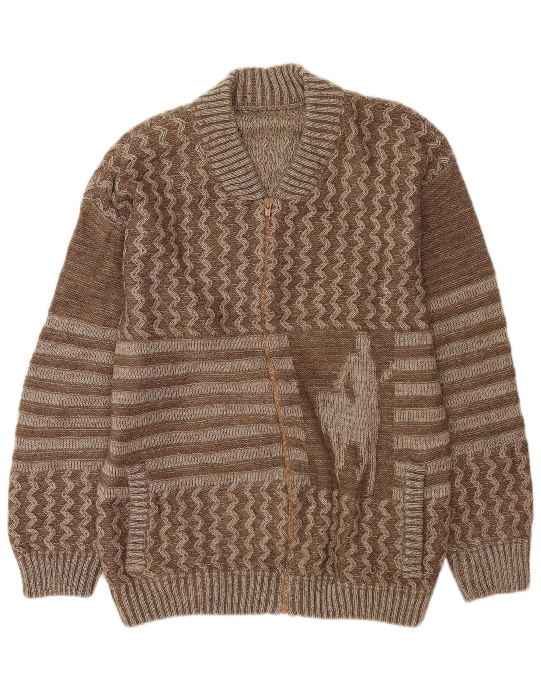 Vintage herre grafisk cardigan sweater stor brun patchwork uld