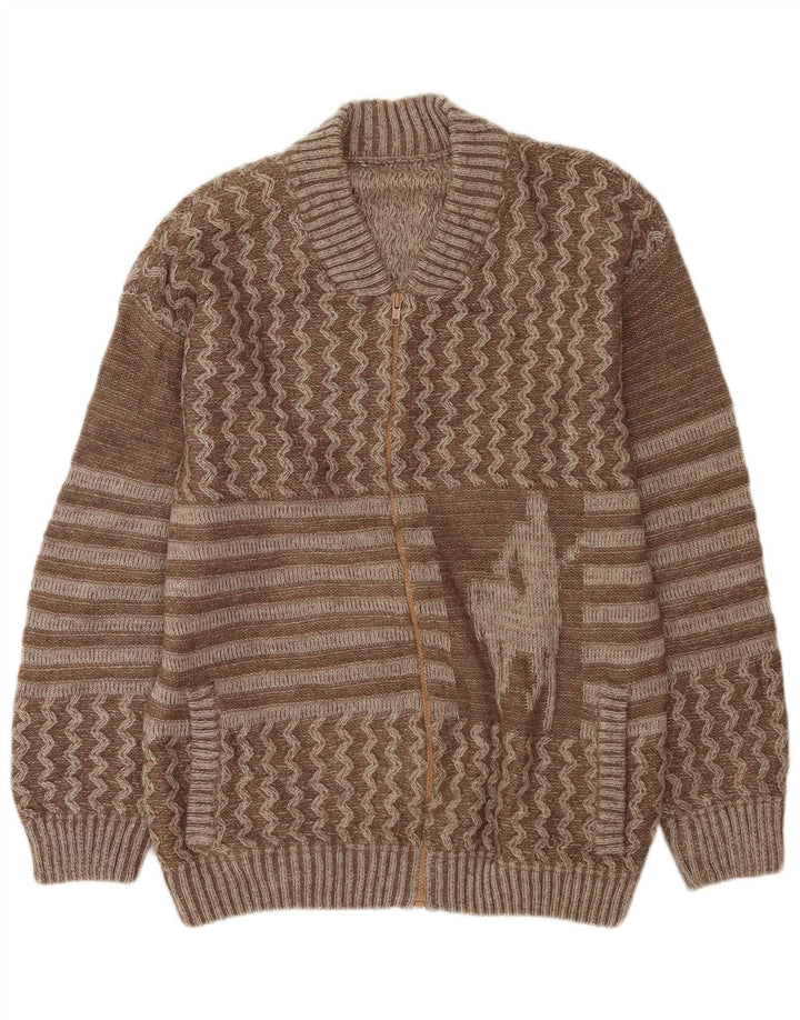 Vintage herre grafisk cardigan sweater stor brun patchwork uld