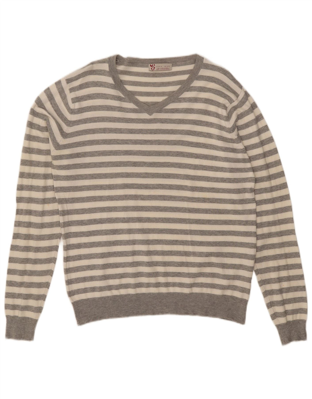 Zara Herre V-hals sweater Stor grå stribet bomuld