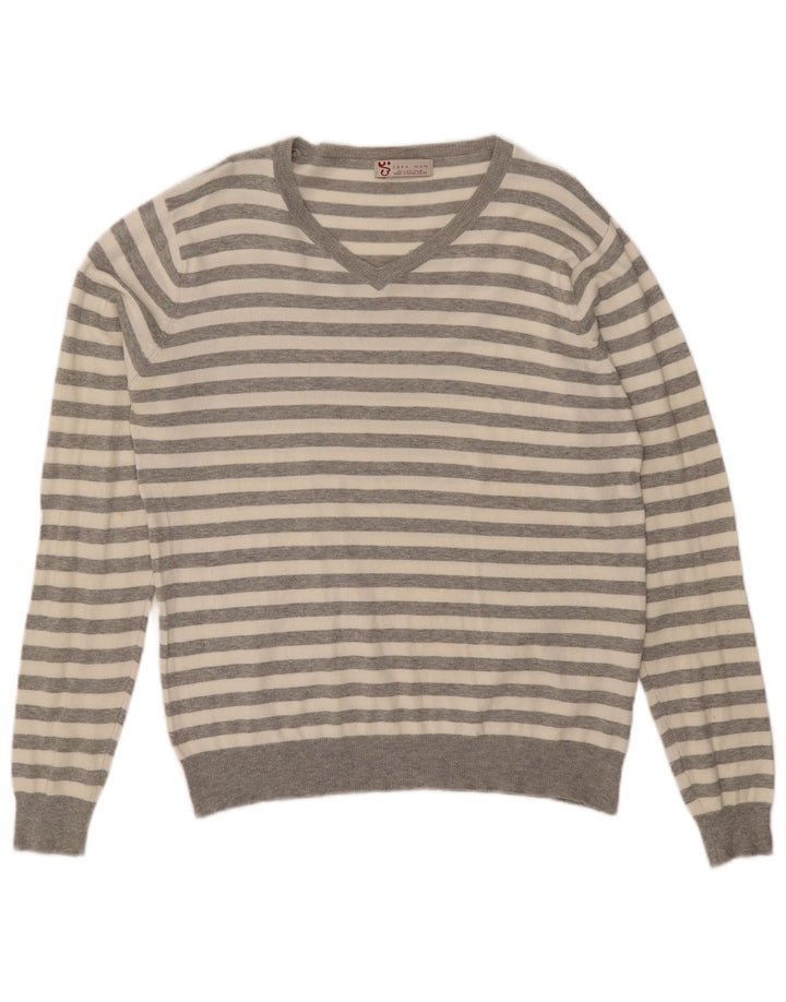 Zara Herre V-hals sweater Stor grå stribet bomuld