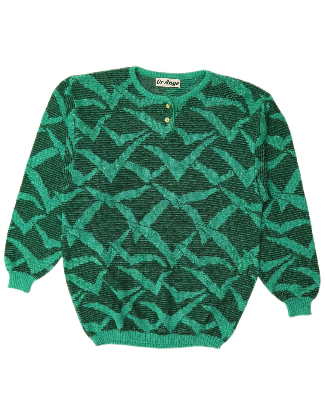 Vintage kvinders abstrakt mønster rund hals sweater UK 16 stor grøn