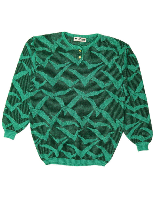 Vintage kvinders abstrakt mønster rund hals sweater UK 16 stor grøn