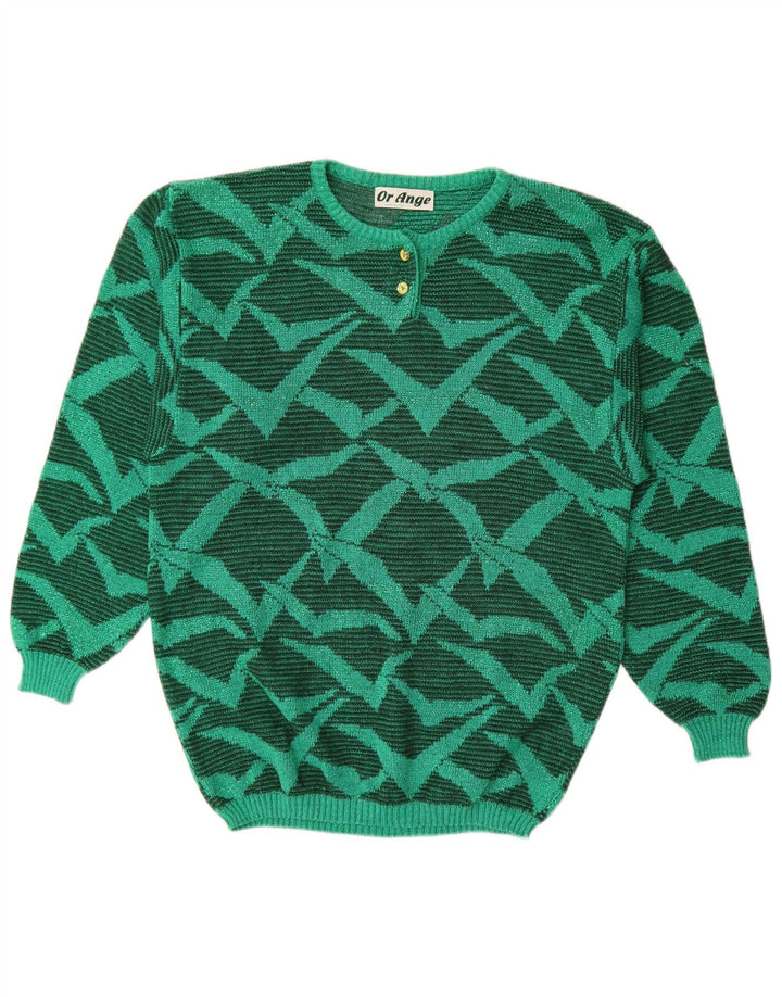 Vintage kvinders abstrakt mønster rund hals sweater UK 16 stor grøn