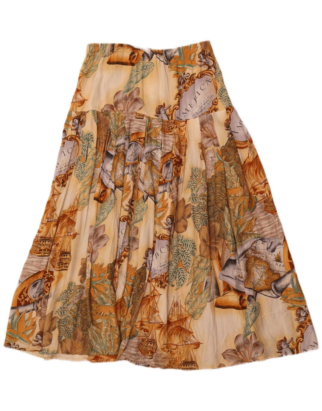 Vintage Kvinders Grafisk Flared Nederdel XL W34 Beige Floral Viscose