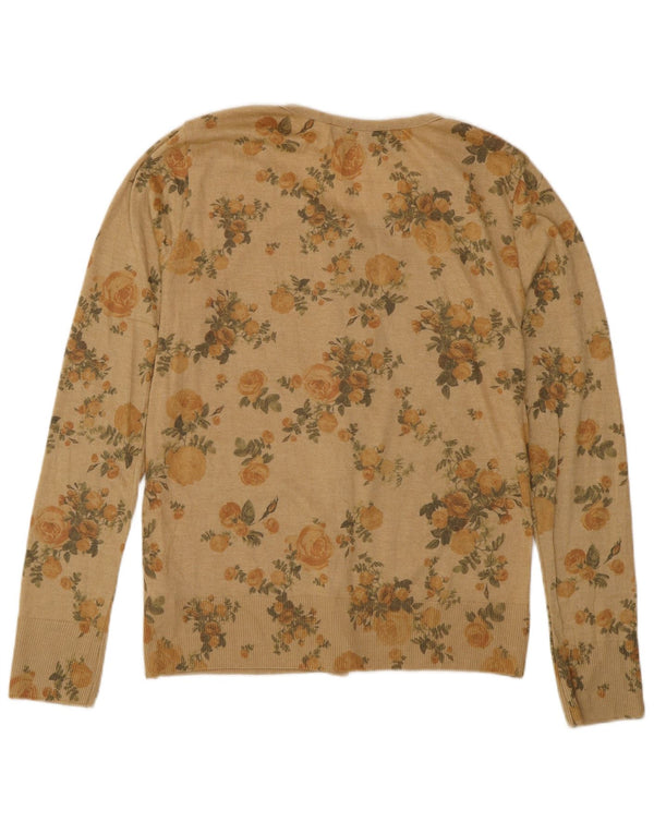 Zara Dame Cardigan Sweater UK 14 Large Beige Floral Polyester