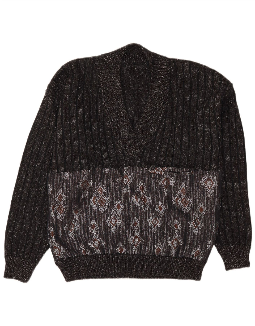 Vintage Herre V-hals sweater Large Black Fair Isle