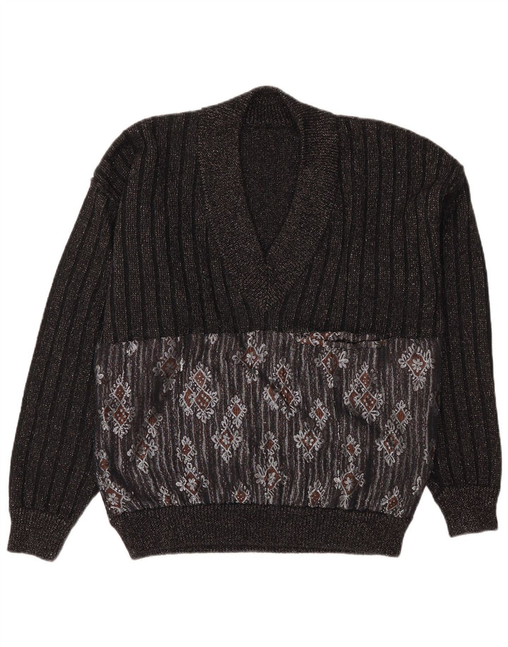 Vintage Herre V-hals sweater Large Black Fair Isle