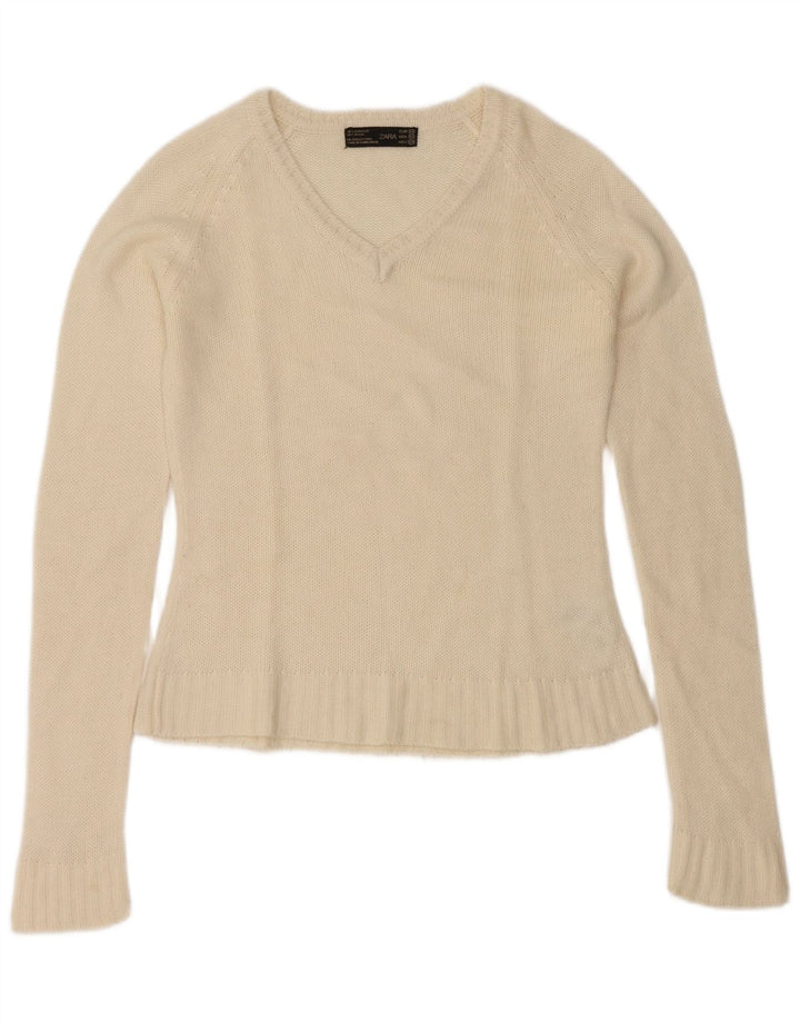 Zara Dame V-hals sweater UK 12 Medium Off White Akryl