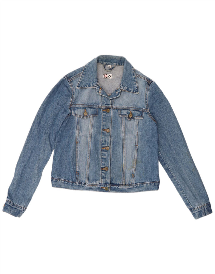 VINTAGE Womens Crop denimjakke UK 14 Stor blå bomuld