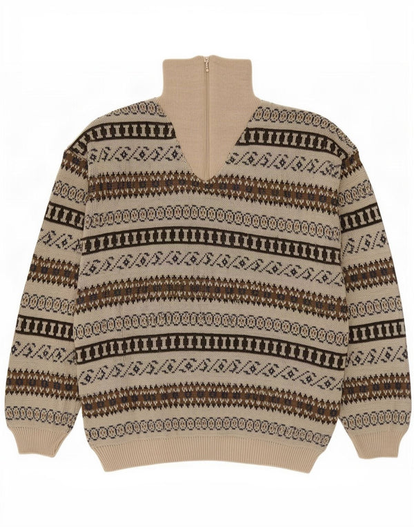 Vintage Herre Zip Neck Jumper Sweater IT 54 XL Beige Geometrisk Akryl