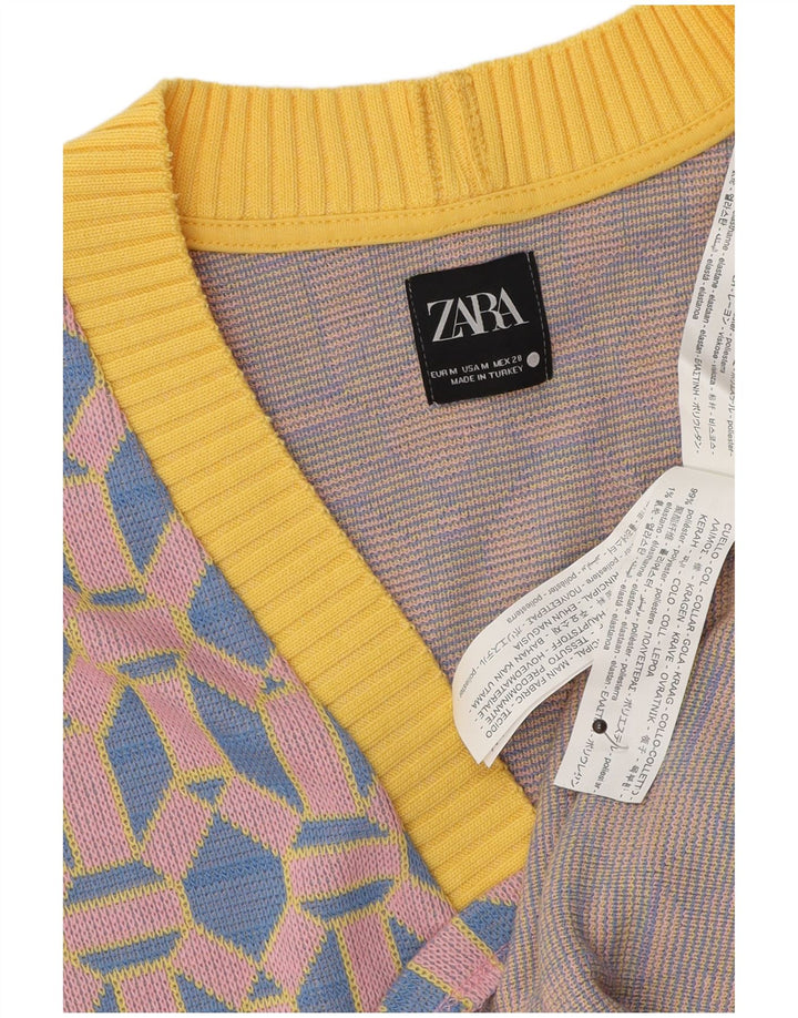 Zara Dame Ærmeløs Cardigan Sweater UK 14 Medium Blue Geometric