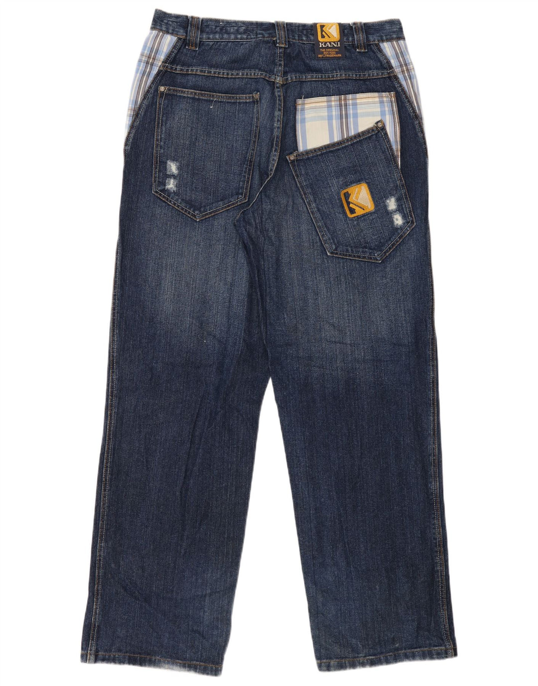 Karl Kani Herre Distressed Straight Jeans W34 L34 blå ternet bomuld